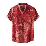 COOFANIN Herren-T-Shirt, Patchwork-Druck, kurzärmelig, Reverskragen, Knopfleiste, Sommer, Frühling, Baumwolle, Leinen, atmungsaktiv, schmal, leicht, eng, weich, Vintage, Retro, Blusen, rot, 85