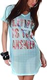 Jela London Damen Longshirt Netz Mesh T-Shirt transparent Tunika Love, Türkis Einheitsgröße (36-38)