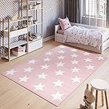 TAPISO Pinky Teppich Kurzflor Kinderteppich Kinderzimmer Rosa Weiß Pastellfarben Modern Geometrisch Stern Spielteppich ÖKOTEX 160 x 220