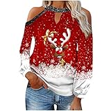 Masrin Weihnachts Oberteile Damen Sexy Schulterfreies T Shirt Modischer Pullover mit Elch Print Christmas Hängender Hals Langarm Pulli Pailletten Patchwork Tops Herbst Langarmshirt Baggy Tunika B