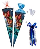 Nestler Schultüten-Set zum Befüllen, Handgemachte Zuckertüte aus Karton - Motiv Schleich Eldrador inkl. Spitzenschutz, Schleife (85 cm 6-eckig)