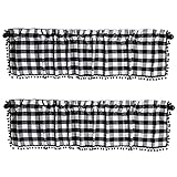 Irenare 2 Stücke Buffalo Kariert Plaid Fenster Valances Pom Pom Küche Valance Bauernhaus Vorhänge für Schlafzimmer Wohnheim Wohnzimmer Küche, 58 x 14 Zoll (Schwarz, Weiß)