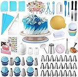 254 PCS Cake Decorating Turntable Set Tortenplatte Drehbar: mit Edelstahl Spritztüllen Backwerkzeuge Spatula Cupcake Geburtstagskarte & Silikon Einweg Spritzbeutel Tortenständer Kuchen D