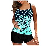 Entireface Tankini Damen Bauchweg Bedruckter Badeanzug Atmungsaktiv Zweiteiler Sexy lässig Bikini Sets Push Up Swimsuit Tops Beachwear Tankini Large Digital Print Hosenträger Strand Split Badeanzug