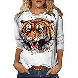 Bluse Damen Neuartige T Shirt mit Tiger Druck Langarm Oberteile mit Rundhalsausschnitt Persönlichkeit Cool Tiermotiv Pullover Frühling Herbst Langarmshirts Teenager Mädchen Pulli Tops Streetw