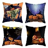 Coversolate 4er Pack Halloween Deko, Kissenbezug 45 x 45cm, Halloween Kürbis Hexe Geist Muster Kissenhülle Zierkissenbezug Zierkissenhülle für SOFE, Auto, Büro, Home (Kissenbezug #08)