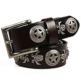 DTKJ Punk-Gürtel, Totenkopf-Nieten, Gürtel, Dornschließe, Totenkopf-Gürtel, coole Herrenjeans, echtes Leder, Farbe: Camel, Größe: 34