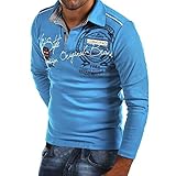 Celucke Langarm Polohemd Herren Poloshirt Besticken Mit Coole Print, Männer T-Shirt Polo Hemd Basic Shirt Freizeit Polohemden Langarmhemd Herrenhemden Sweatshirt Langarmshirt (Blau, XL)