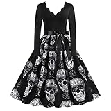 GJKK Halloween Damen 50er Jahre Rockabilly Kleid mit Blumenmuster 1950er Vintage Retro Cocktailkleid Rockabilly V-Ausschnitt Faltenrock Abendkleid Partyk