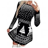 JISHII Weihnachten Kleid für Damen Schwarz Polka Dot Elch Stoffdruck Langärmeliges Rundhalsausschnitt Midilang Wickelkleid Elegant Festliche Figurbetontes Schlank Faltenrock Party Kostü