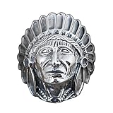 FORFOX Herren Damen Schwarzer 925 Sterling Silber Indianer Häuptlings Kopf Ring,Einstellbare Größe 58-64