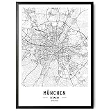 JUNOMI® München Poster XL Schwarz Weiss, DIN A2 Wohnzimmer Deko, Modernes Wandbild, München Bild, Wandbild ohne Rahmen, Stadtplan Poster München, perfekte Geschenkidee für Mü