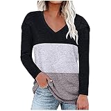 Damen-T-Shirt, V-Ausschnitt, bunt, Blocknähte, lässig, Oversize, Langarm-T-Shirt, klassisch, lose Bluse, Pullover, Tunika, Tops, grau, S