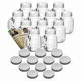 gouveo 12er Set Leere Trinkgläser 450 ml incl. Drehverschluss Silber, Henkelgläser, Gläser mit Griff incl. Flaschendiscount-Rezeptbroschü