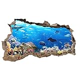 3D Wandtattoo Mauerloch Wandsticker Wandaufkleber Durchbruch Tiere selbstklebend H 60 x B 100 Schlafzimmer Wohnzimmer (WL42 Fische)