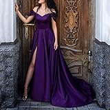 yhfshop Damen Festliche Kleider Maxi Hochzeit,Sexy Schulterfreies Satin-Abschlussballkleid mit V-Ausschnitt,Purple,EU34,Damen Abendkleider Lang