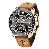 BERSIGAR Herren Analog Quarzuhr Armbanduhr | Eleganter Chronograph Braunes Lederband Wasserdicht 30M Herrenuhr | Gold-Blaues Zifferblatt mit Leuchtdisplay | Mode Freizeitsport Herrenarmb