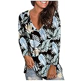 YINROM Herbst Tops für Frauen Plus Size Langarm Floral Printed Shirt Tunika V Ausschnitt Casual Pullover Blusen Baumwolle Sweatshirts, blau, S