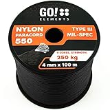 GO!elements 100m Paracord Seil aus reißfester Nylonschnur - 4mm Paracord 550 Typ III Schnur - geeignet als Allzweckseil & Reepschnur | Max. 250kg, Farbe:Schw