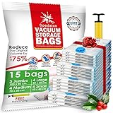 Spedalon 15 Vakuumbeutel für Bettdecken & Kleidung | Inkl. Handpumpe | 4 Größen- Jumbo, Groß, Mittelgroß & Klein | Vakuumierbeutel Kleidung zur Kleideraufbewahrung Organisation und zum R