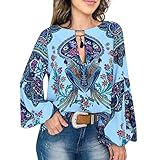 MRULIC Frauen Retro Bluse Lässige V-Ausschnitt Lange Laterne Ärmel Gedruckt Lose Top Bluse Damen(Blau,EU-40/CN-XL)