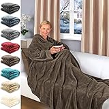 Gräfenstayn® TV-Decke mit Ärmeln und Tasche - 200 x 150 cm Kuscheldecke - viele Farben - Supersoft XL Flanell Mikrofaser-Flausch - Öko-Tex Siegel „Geprüftes Vertrauen“ (Dunkelbraun)