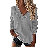 MOKBAY Damenmode Lässig Einfarbig V-Ausschnitt Langarm Pullover Pullover Tops Damen Pullover Weihnachten Langarm Sweatshirt Mit Streifen Casual Shirt Langarm Oberteile Pullover Damen Lang W