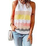 GDOV Damen Stricken Weste Große Größe Schulterfrei Aushöhlen Ärmelloses Neckholder Streifen Farbblock Lose T-Shirts Bluse Crop Tanktop Frauen Lässige Mode Boho Kompfort Gestrickt Oberteile Vest H