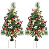 FORUP 2 Stück 76,2 cm Vorbeleuchtete Pfad Weihnachtsbäume Außen Weihnachtsbaum Dekorationen für Veranda, Auffahrt, Hof, Garten, mit 60 LED Lichter, Rote Beeren, Tannenzapfen, Rote Kugel O