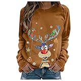 Sweatshirt Damen Oversized - Christmas Oberteile Langarm Locker Pullover Bunte Elchdruck Langarmshirt Elegant Rundhals Tops Hemd Lässig Frauen Teenager Mädchen Basic Graphic Shirt Bluse Herbst Tunik