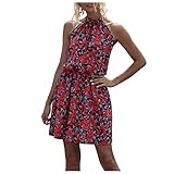 IFOUNDYOU Sommerkleid Damen Neckholder Plissee Minikleid Kleider Damen Sommer Sexy Blusenkleider Strandkleid Damen Ärmellos Casual Freizeitkleid Damen Kleid Swing Druck Tank