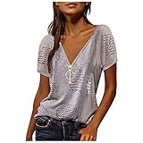 BHYDRY Damen Sommermode Sexy ReißVerschluss Ausschnitt Design HerzföRmiges Druckmuster T-Shirt LäSsig KurzäRmeliges Hemd V-Ausschnitt Top