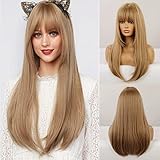 HAIRCUBE Lange Gerade Perücken Flachs Braun Farbe Perücken für Frauen mit Pony