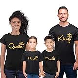 King Queen Prince Princess Familien T-Shirts Set Partnerlook Familie Outfit Goldener Aufdruck (Weiß/Queen, S/Damen Passform)