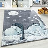 Kinderteppich Motiv niedliche Dinosaurier Sterne und Mond Blau Grau Weiß Farben, Größe:160x230 cm, Farbe:B