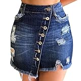 S-UN Denim RöCke füR Damen Zerrissen Roher Saum Tasten Jeans Mini-Rock Sommer Hohe Taille Stretch Waschung Denim Kurze Hose Biker-Shorts Female Jeansrock