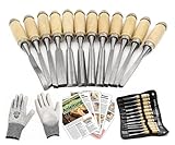 Holz-Schnitzwerkzeug Set 12-tlg. Mit Tasche, Anleitung & Schnittfeste Handschuhe, perfektes Geschenk für Männer, Anfänger Schnitzmesser Set, Holz-Werkzeug zum Schnitzen lernen, Stemmeisen uvw