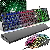 Gaming Tastatur und Maus mit Handballenauflage, QWERTZ Deutsches Layout Regenbogen LED Hintergrundbeleuchtung Ergonomische Keyboard 6 Tasten 2400 DPI Maus und Mauspad für Windows Mac PS4, Schw