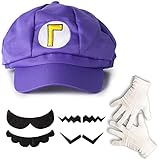 Katara 763461100893 1659 - Waluigi Set, Mütze + Schnurrbart + Handschuhe, Kostüm Verkleidung Fasching Karneval Halloween, L