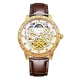 LTLJX Herren Automatikuhren Skelett Mechanisch Selbstaufzug Luxus Kleid Armbanduhr Mondphase Tag Datum Wasserdicht Leuchtende Uhren,Brown2
