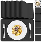 Bluelves Platzsets, 6er Sets Leder Platzdecken, Tischset PU Kunstleder, Schmutzabweisend Tischset Waschbar, PVC Abgrifffeste Platzdeckchen, für Hause Küche Restaurant, Schw