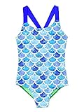 TSSOE Kinder Mädchen Sommer Schwimmen Einteilige Badeanzüge Ärmellose Bademode Hawaiian Badeanzug Schwimmanzug Swimwear Blaue Fischschuppen 98-104