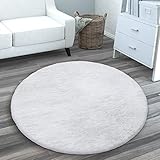 Teppich Wohnzimmer Kunstfell Plüsch Hochflor Shaggy Weich Waschbar, Grösse:120 cm Rund, Farbe:Weiß