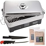 smartpeas Tisch Räucherofen Set Edelstahl mit Thermometer - Fisch räuchern - Mini Smoker/Camping Tischräucherofen klein +2X Räuchermehl & F