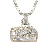BAIYAN Hiphop Halskette， Dollar Rechnungen Geld in meiner Tasche 3D Eisige Micro Pave 14k Goldton Rapper Stil Benutzerdefinierte Tenniskette Anhäng