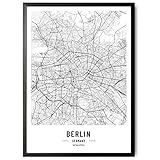 JUNOMI® Berlin Poster XL Schwarz Weiss, DIN A2 Wohnzimmer Deko, Modernes Wandbild, Berlin Bild, Wandbild ohne Rahmen, Stadtplan Poster Berlin, perfekte Geschenkidee für B