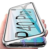 Hülle für Huawei P40 Pro Handyhülle Magnetic Adsorption, E-Lush Schutzhülle Ultra Dünn Durchsichtig Handy Hülle 360 Grad Komplettschutz Metall Bumper mit Gehärtetes Glas Case Cover, Silb