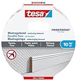 tesa Montageband Tapete&Putz, 10 kg Haltekraft pro Meter - starkes, doppelseitiges Montageklebeband zur Befestigung auf Gips und Tapeten - 5 m x 19