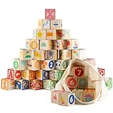 Jacootoys ABC Klötze Bausteine Buchstaben Zahlen 36PCS Alphabet 1,65' Große Holz Blöcke Set Montessori Lernspielzeug fü