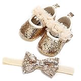 Babyschuhe für 0-18 Monate, Prinzessinnen-Schuhe, rutschfest, weich, für Babys + Haarbänder, Gold - Gold - Größe: 19 EU